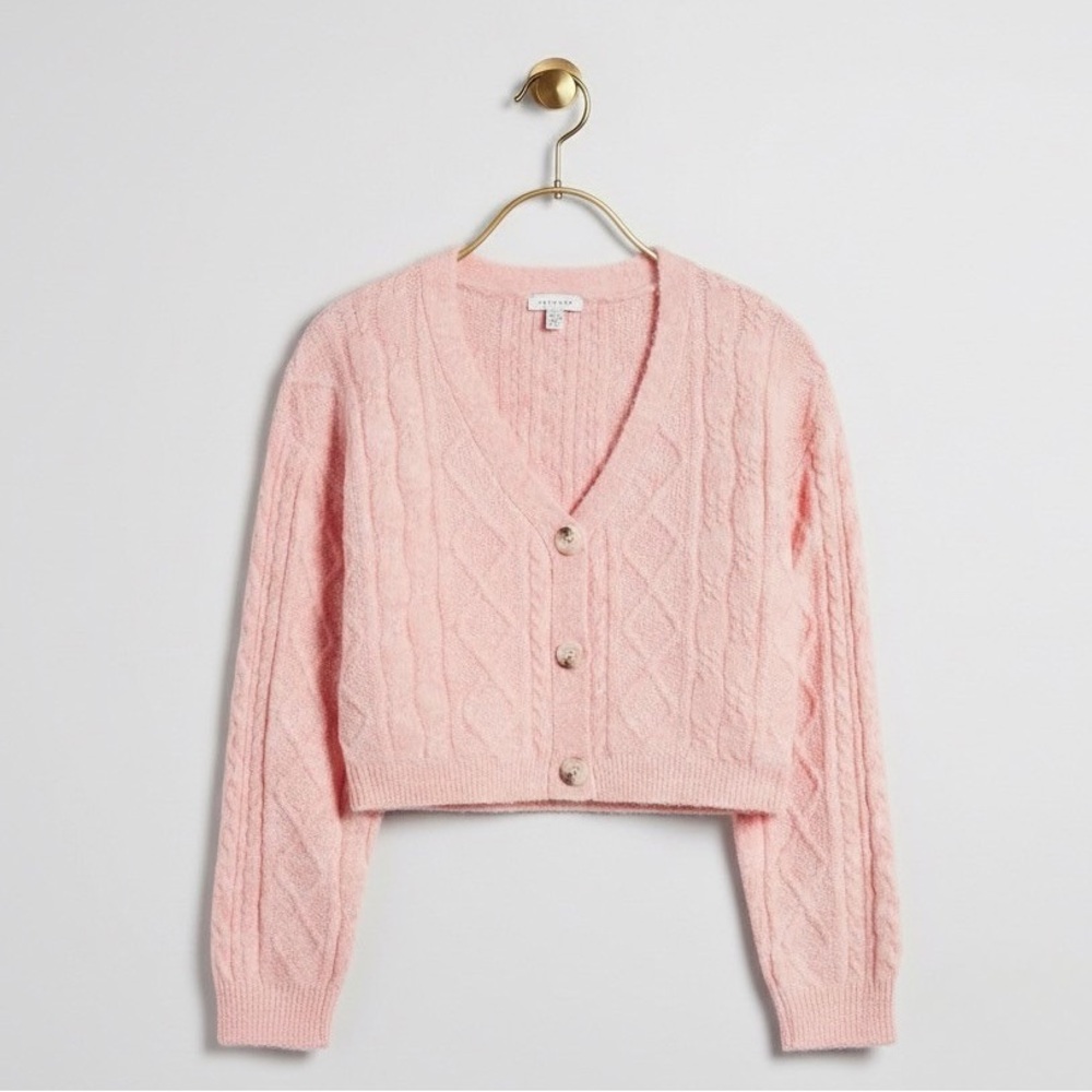 Topshop Cable Crop Cardigan Women’s Pink Sweater Size Large